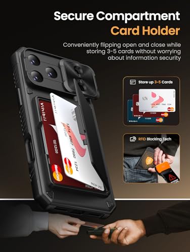 Vihibii for iPhone 17 Pro Case Wallet with Card Holder (4 Cards) [RFID Blocking] & Slide Camera Cover, Military Grade Drop Protection, Rugged Hard Back & Silicone Edge Phone Case 6.3" 5G 2025, Black - Image 3