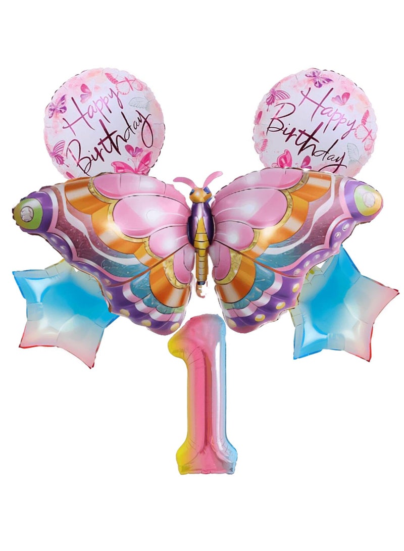 Excefore Butterfly Balloon, 6 Pcs Huge Colorful Butterfly Balloons, Number 1 Foil Mylar Balloon Kids Fairy Baby Shower Favor Butterfly Flower Theme Party Supplies Decor - Image 1