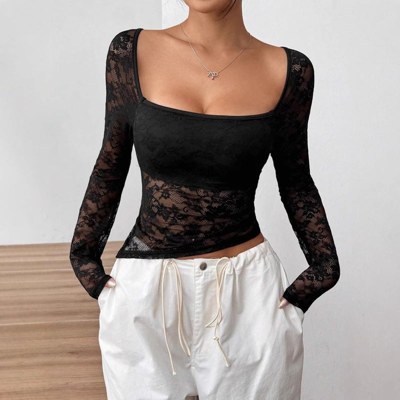 Women's Lace U-Neck Long Sleeve T-Shirt with Asymmetric Hem - Image 1