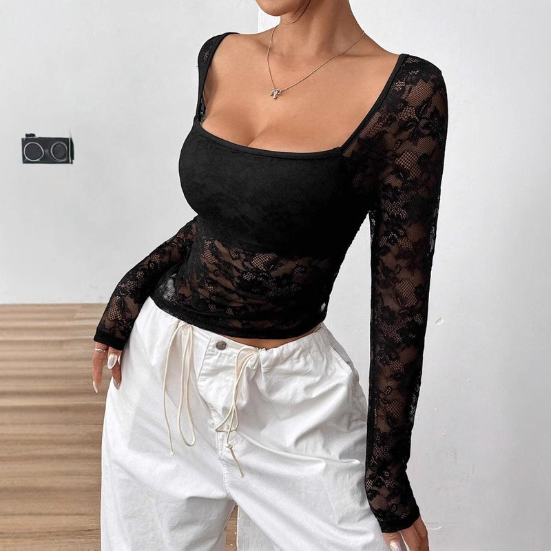 Women's Lace U-Neck Long Sleeve T-Shirt with Asymmetric Hem - Image 4