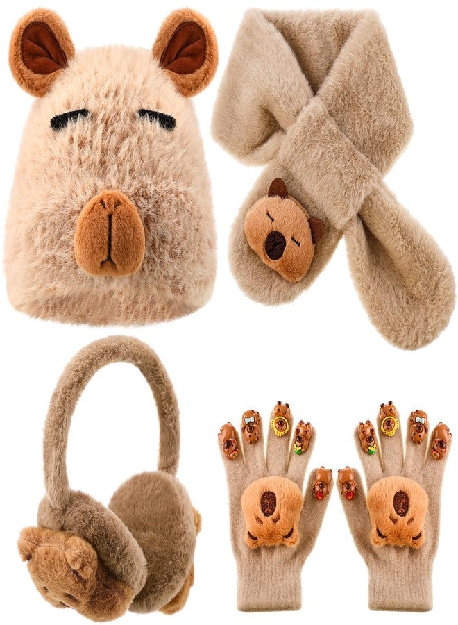 ShinyMatch 4 Pcs Kids Winter Capybara Hat Earmuffs Scarf and Gloves Set Capybara Plush Warm Set Cartoon Winter Hat for 7-12(Brown) - Image 1