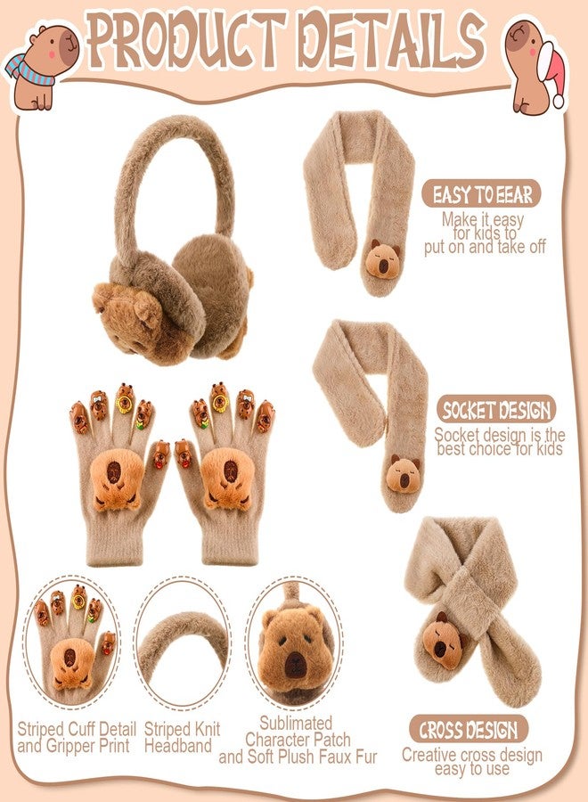 ShinyMatch 4 Pcs Kids Winter Capybara Hat Earmuffs Scarf and Gloves Set Capybara Plush Warm Set Cartoon Winter Hat for 7-12(Brown) - Image 4