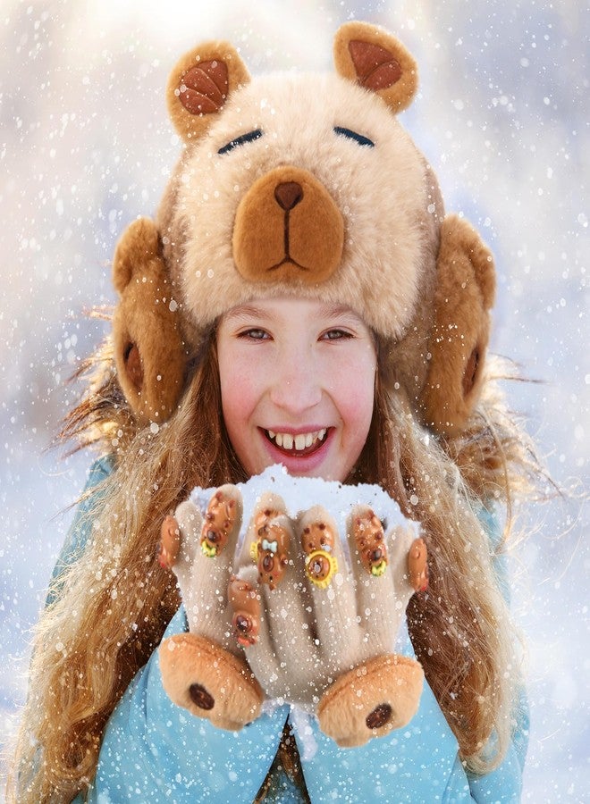 ShinyMatch 4 Pcs Kids Winter Capybara Hat Earmuffs Scarf and Gloves Set Capybara Plush Warm Set Cartoon Winter Hat for 7-12(Brown) - Image 2
