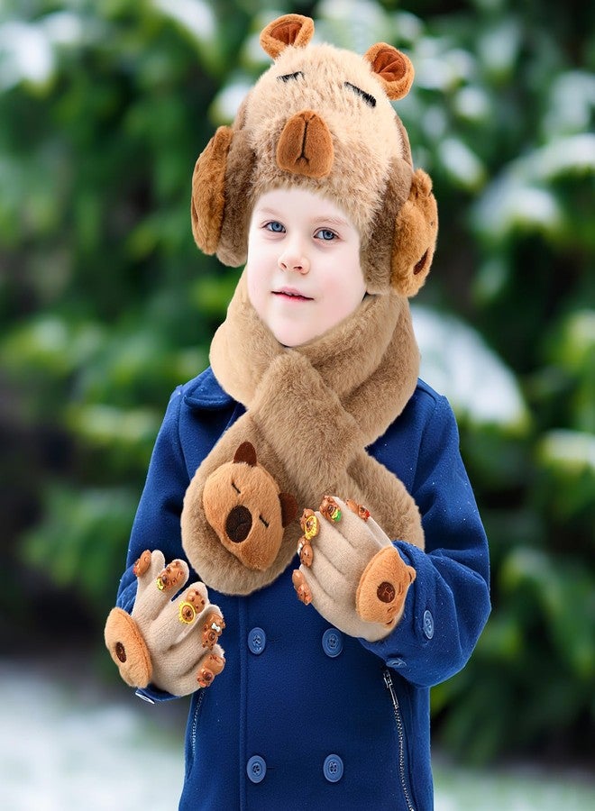 ShinyMatch 4 Pcs Kids Winter Capybara Hat Earmuffs Scarf and Gloves Set Capybara Plush Warm Set Cartoon Winter Hat for 7-12(Brown) - Image 5