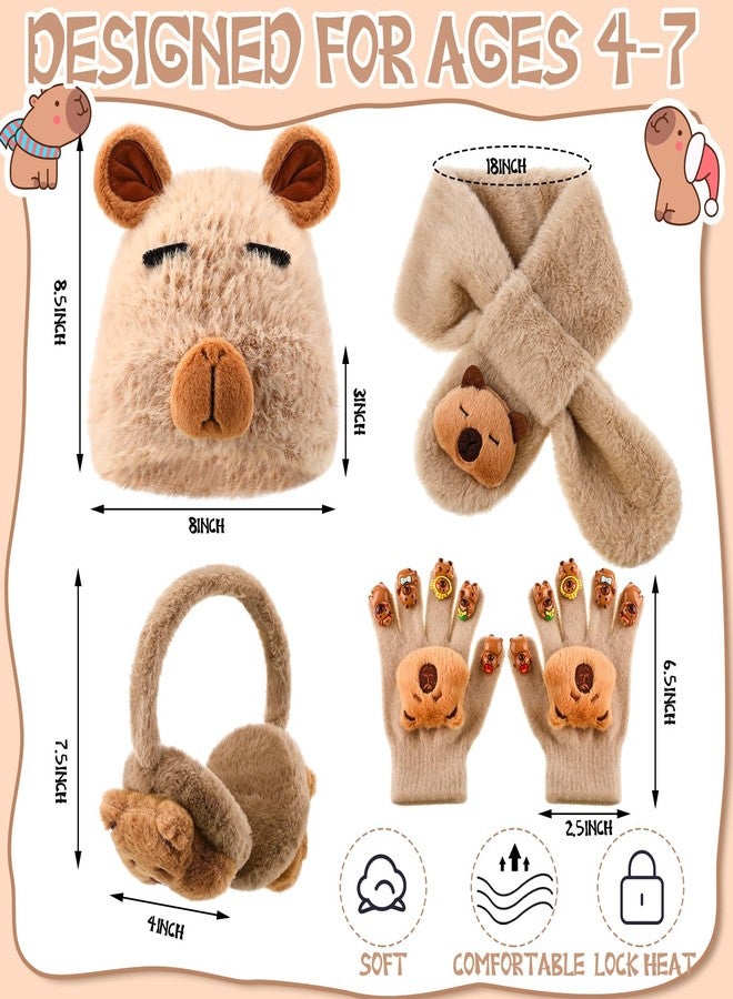 ShinyMatch 4 Pcs Kids Winter Capybara Hat Earmuffs Scarf and Gloves Set Capybara Plush Warm Set Cartoon Winter Hat for 7-12(Brown) - Image 3
