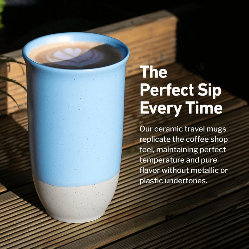 NOVA CERAMICS Travel Mug - Ceramic Coffee Mug With Lid â€“ Microwave & Dishwasher Safe Coffee White & Grey Tumbler - Fits In Cup Holder â€“ 16oz â€“ Coastal Drift - Image 4