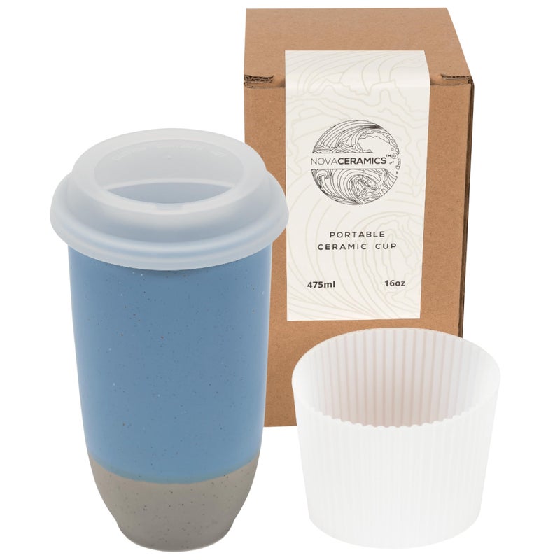 NOVA CERAMICS Travel Mug - Ceramic Coffee Mug With Lid â€“ Microwave & Dishwasher Safe Coffee White & Grey Tumbler - Fits In Cup Holder â€“ 16oz â€“ Coastal Drift - Image 1