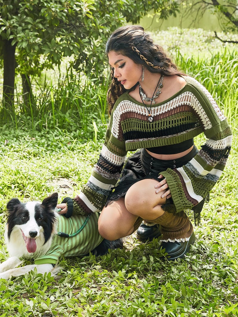 WDIRARA Women's Striped Crochet Shrug Boat Neck Crop Sweater Colorblock Drop Shoulder Pullovers Long Bell Sleeve Knit Tops Multicolor Large - Image 4