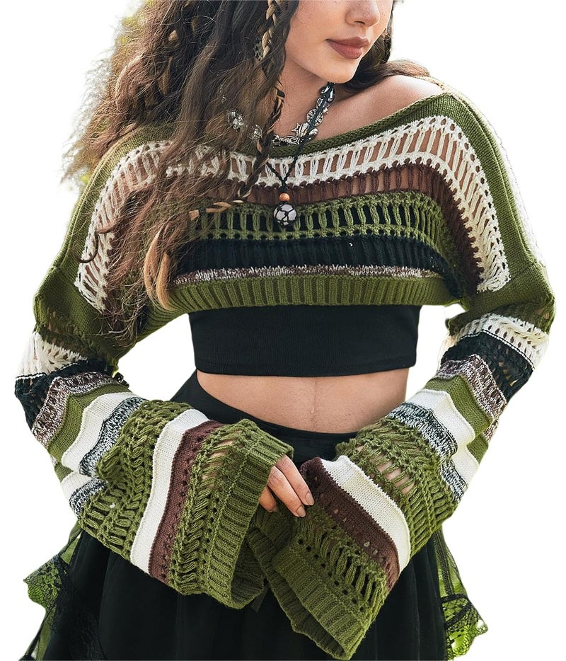 WDIRARA Women's Striped Crochet Shrug Boat Neck Crop Sweater Colorblock Drop Shoulder Pullovers Long Bell Sleeve Knit Tops Multicolor Large - Image 1