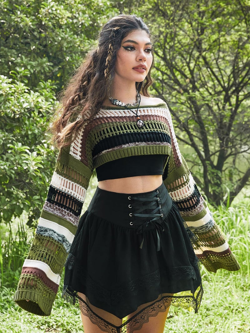 WDIRARA Women's Striped Crochet Shrug Boat Neck Crop Sweater Colorblock Drop Shoulder Pullovers Long Bell Sleeve Knit Tops Multicolor Large - Image 5