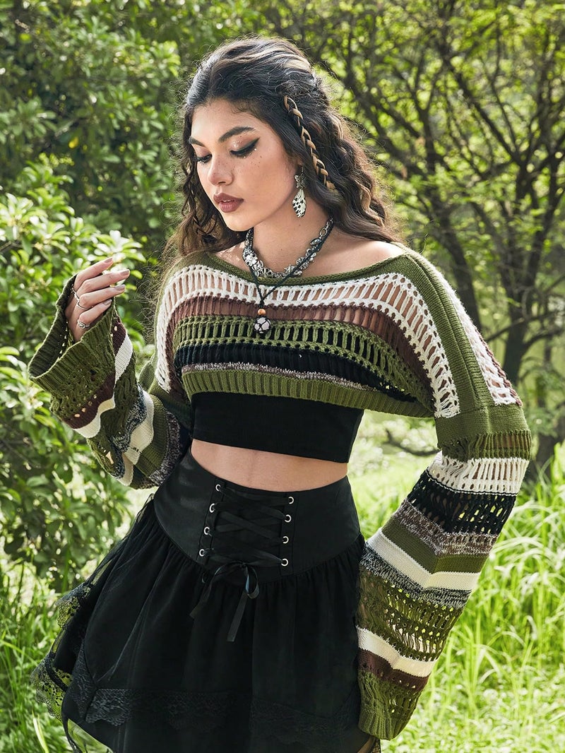 WDIRARA Women's Striped Crochet Shrug Boat Neck Crop Sweater Colorblock Drop Shoulder Pullovers Long Bell Sleeve Knit Tops Multicolor Large - Image 3