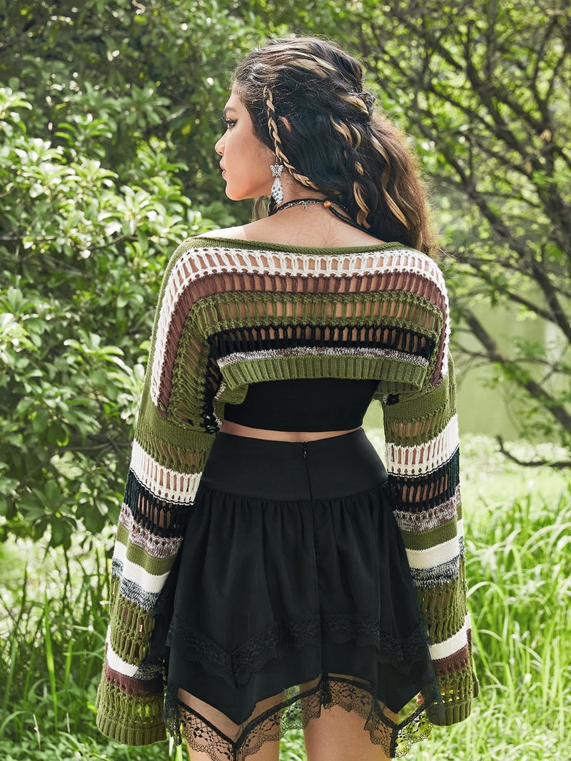 WDIRARA Women's Striped Crochet Shrug Boat Neck Crop Sweater Colorblock Drop Shoulder Pullovers Long Bell Sleeve Knit Tops Multicolor Large - Image 2