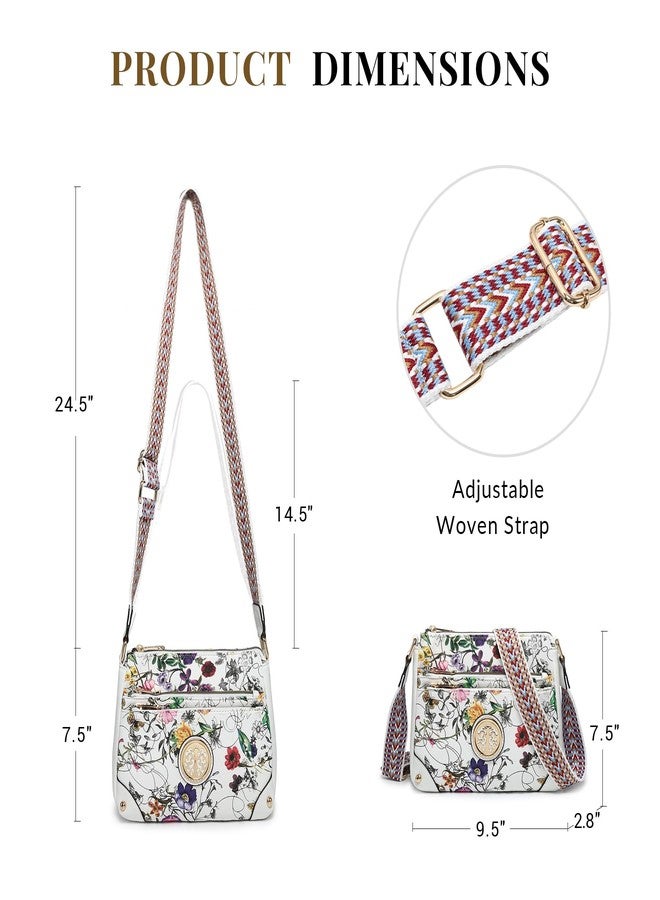 Dasein Crossbody Purses for Women Trendy Multi Pockets Shoulder Bag Medium Handbags with Guitar Strap (White Floral) - Image 4