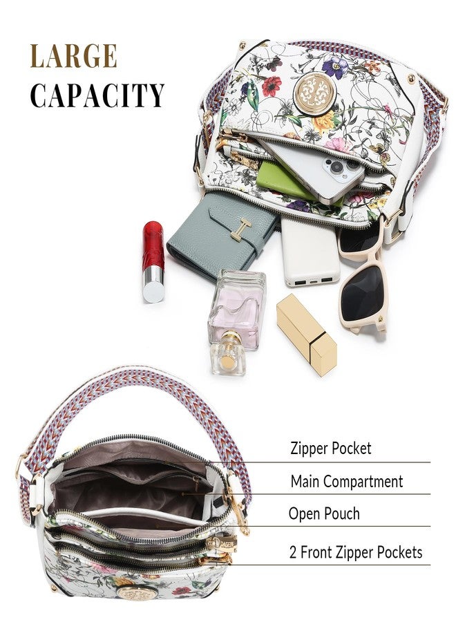 Dasein Crossbody Purses for Women Trendy Multi Pockets Shoulder Bag Medium Handbags with Guitar Strap (White Floral) - Image 5
