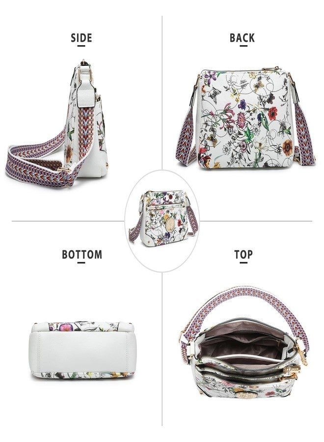Dasein Crossbody Purses for Women Trendy Multi Pockets Shoulder Bag Medium Handbags with Guitar Strap (White Floral) - Image 3