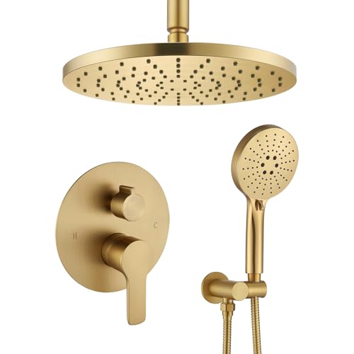 Iriber Shower System Ceiling Mounted Shower Faucet Mixer Set with Luxury High Pressure Shower head and 3Setting Handheld Bathroom Shower Trim Kit Contain Pressure Balance ValveBrushed Gold - Image 1