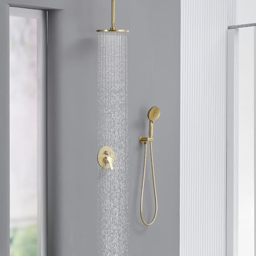 Iriber Shower System Ceiling Mounted Shower Faucet Mixer Set with Luxury High Pressure Shower head and 3Setting Handheld Bathroom Shower Trim Kit Contain Pressure Balance ValveBrushed Gold - Image 3