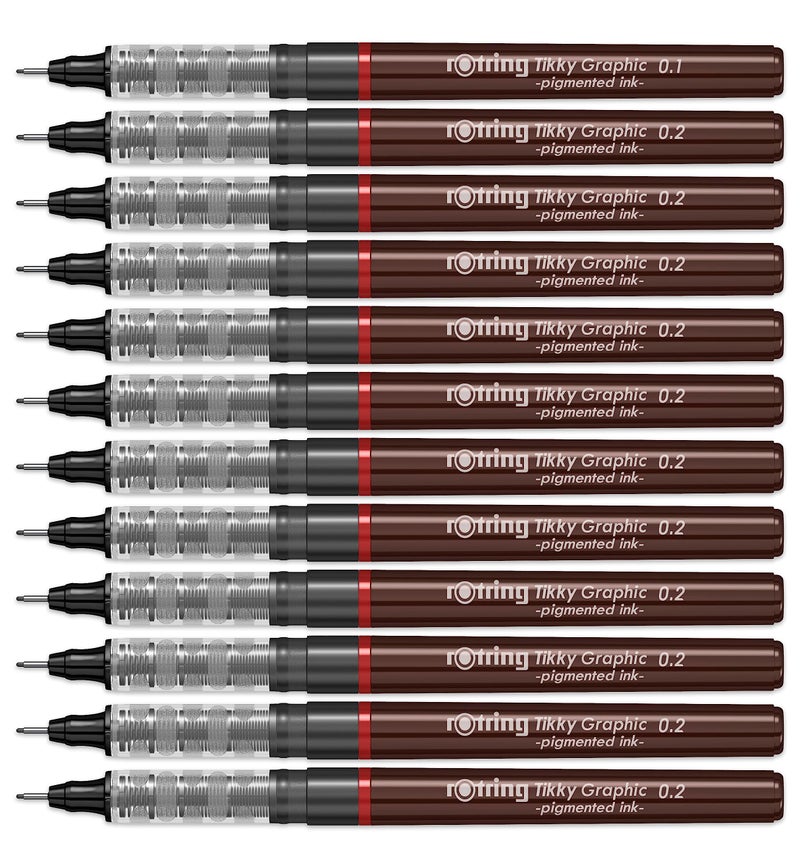 Rotring 12 Tikky Graphic Fineliner Pens Set Professional Drawing Pens Ideal for Precise Sketching Long Life Drawings & Illustration Black Waterproof Ink - Image 1