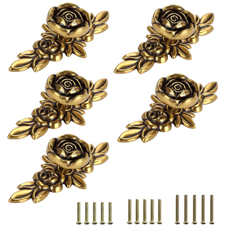 Juxyes Pack Of 5 Euro Rose Decorative Cabinet Knobs With Plate Floral Ivory Drawer Knob Cupboard Door Knobs Ivory White Drawer Pulls Cabinet Handle Knobs For Dresser Cabinet - Image 1