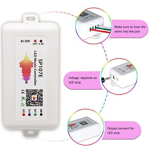 RECRE-TECH SP107e LED Controller, Music-Sync RGB Pixel Controller for WS2812b/Ws2811/SK6812 LED Strips & Screen Lighting, APP-Controlled Smart System with Real-Time Audio Effects - Image 2