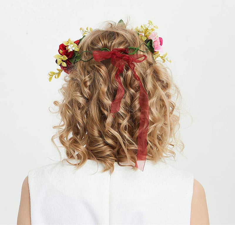 LLinfflr Flower Garland Headband Rose Flower Crown Hair Wreath Floral Halo Headpiece Boho with Ribbon Wedding Party Photos Red - Image 4