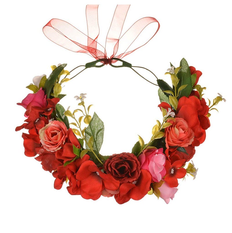 LLinfflr Flower Garland Headband Rose Flower Crown Hair Wreath Floral Halo Headpiece Boho with Ribbon Wedding Party Photos Red - Image 2