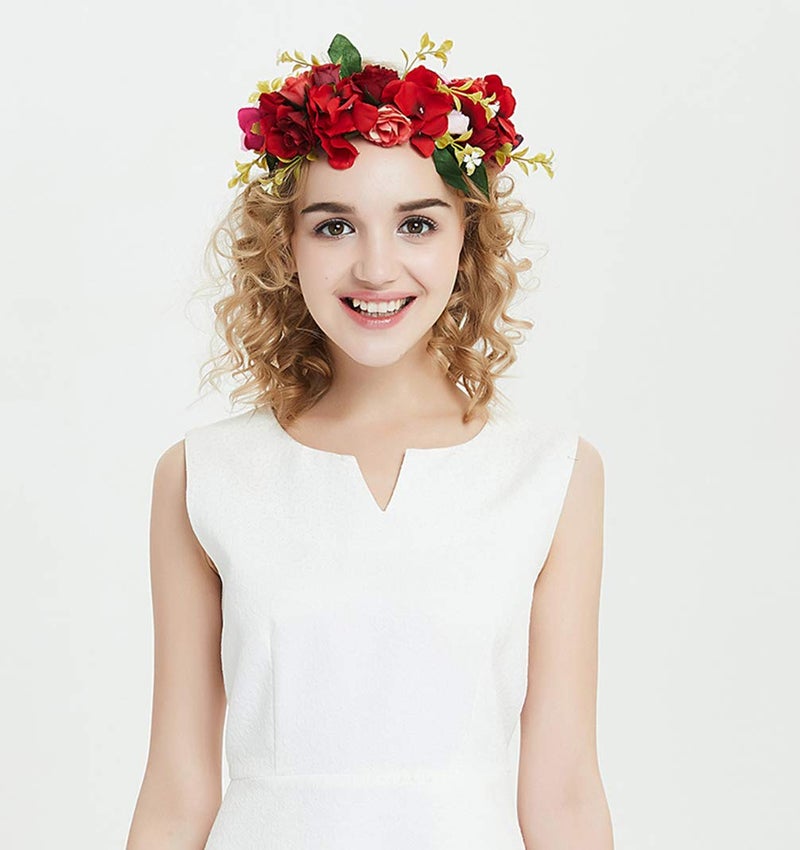 LLinfflr Flower Garland Headband Rose Flower Crown Hair Wreath Floral Halo Headpiece Boho with Ribbon Wedding Party Photos Red - Image 3