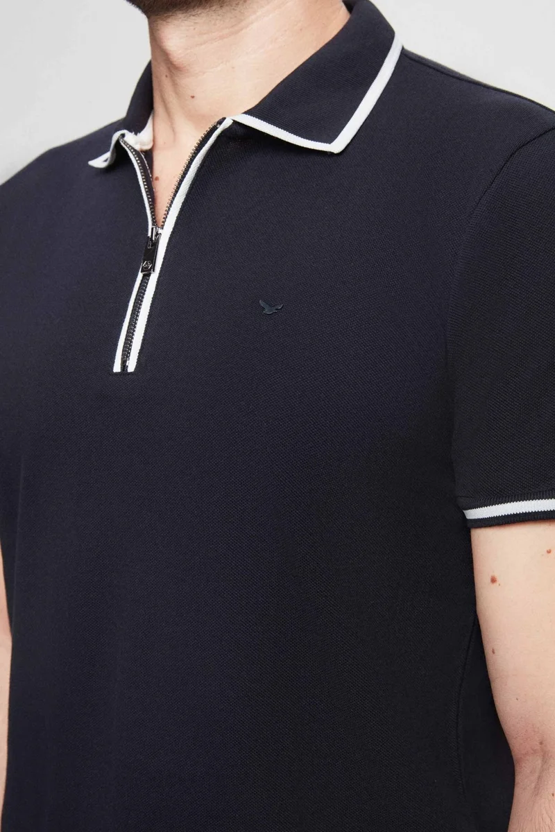 دي أس دامات Regular Fit Navy Blue Pique Textured T-Shirt