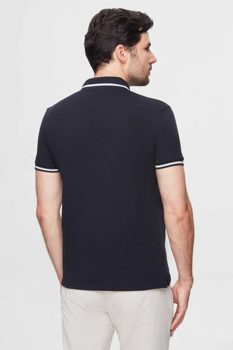 دي أس دامات Regular Fit Navy Blue Pique Textured T-Shirt