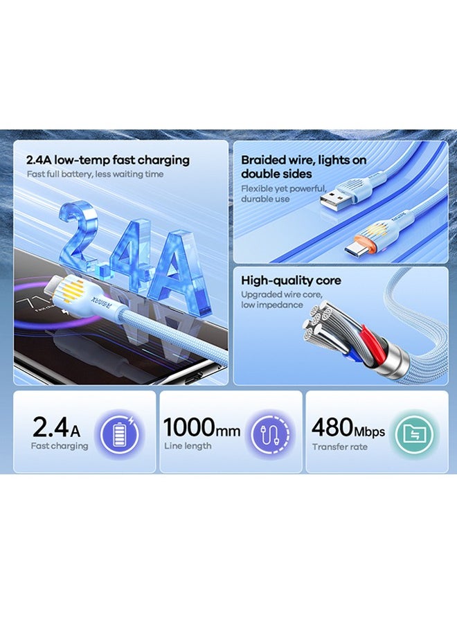 REMAX - REMAX iPhone Lightning Charger Cable 1m/2.4A with indicator light, Light Up Charging and Synchronization Cable, Fast Charging Power for iPhone, iPad and iPod MFi Certified USB-A Cable (Blue) - Image 1