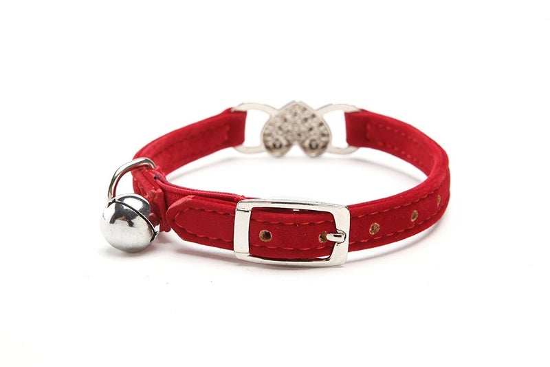 CHUKCHI Pink Soft Velvet Safe Cat Adjustable Collar with Crystal Heart Charm and Bells 8-11 Inches (Red) - Image 3