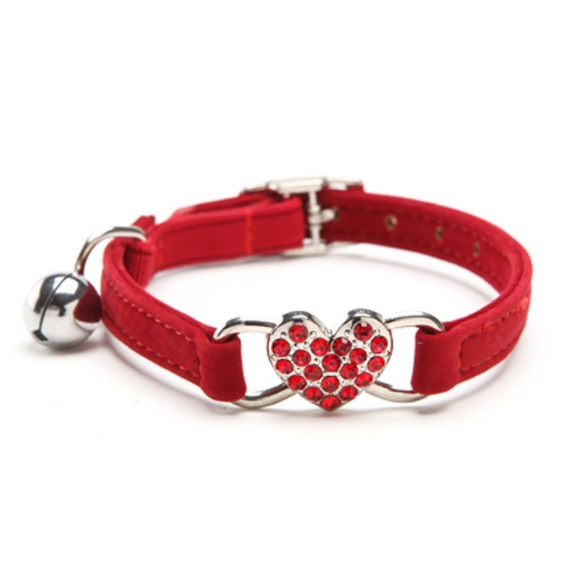CHUKCHI Pink Soft Velvet Safe Cat Adjustable Collar with Crystal Heart Charm and Bells 8-11 Inches (Red) - Image 1