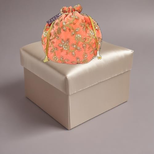 ATHZ Velvet Peach Potli Bag for Women Golden Work Wedding Handbag || Ladies ethnic potli pouch bag - Image 4