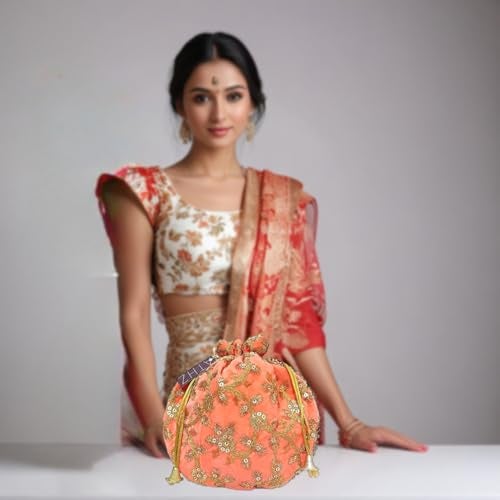 ATHZ Velvet Peach Potli Bag for Women Golden Work Wedding Handbag || Ladies ethnic potli pouch bag - Image 2