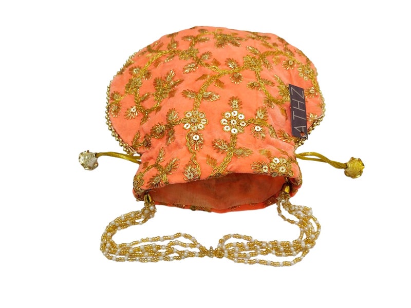 ATHZ Velvet Peach Potli Bag for Women Golden Work Wedding Handbag || Ladies ethnic potli pouch bag - Image 3