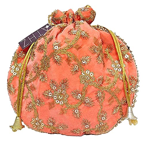 ATHZ Velvet Peach Potli Bag for Women Golden Work Wedding Handbag || Ladies ethnic potli pouch bag - Image 1