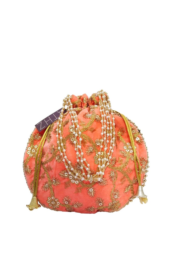 ATHZ Velvet Peach Potli Bag for Women Golden Work Wedding Handbag || Ladies ethnic potli pouch bag - Image 5