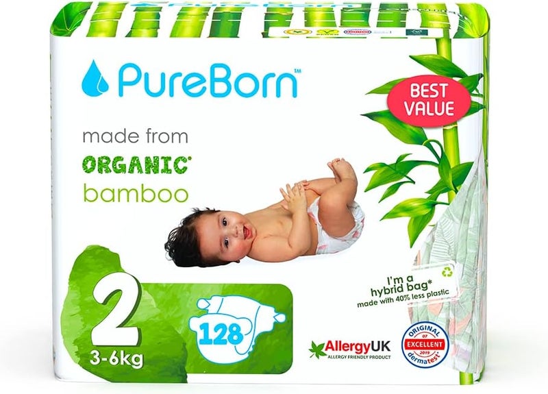 بيور بورن مناديل للأطفال من نوع PureBorn، عضوية وطبيعية مصنوعة من الخيزران، مقاس 2، تناسب وزن الأطفال من 3 إلى 6 كجم، متوفرة بألوان متنوعة، ناعمة جدًا وتوفر حماية عالية من التسرب، ضرورية للأطفال حديثي الولادة وصديقة للبيئة. - Image 1