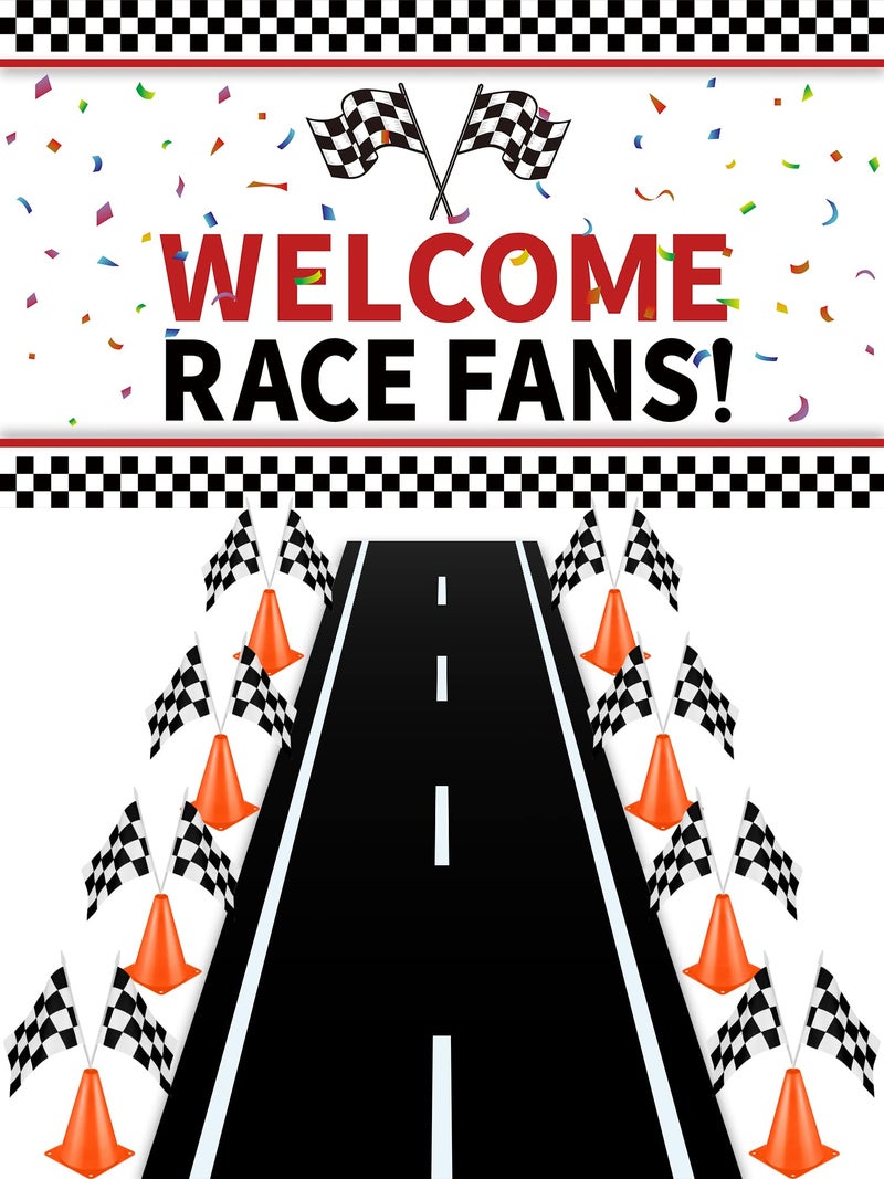 Remagr 26Pcs Race Car Party Decoration Include 1 Welcome Fans Backdrop 8 Mini Traffic Safety Cones 16 Racing Checkered Flags Long Racetrack Floor Running Mat for Theme Birthday Supplies - Image 3