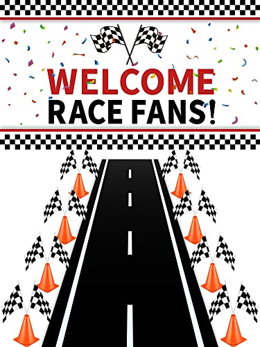 Remagr 26Pcs Race Car Party Decoration Include 1 Welcome Fans Backdrop 8 Mini Traffic Safety Cones 16 Racing Checkered Flags Long Racetrack Floor Running Mat for Theme Birthday Supplies - Image 1