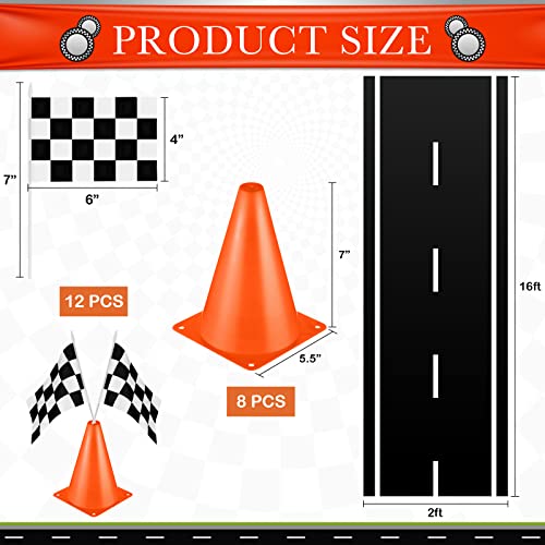 Remagr 26Pcs Race Car Party Decoration Include 1 Welcome Fans Backdrop 8 Mini Traffic Safety Cones 16 Racing Checkered Flags Long Racetrack Floor Running Mat for Theme Birthday Supplies - Image 5