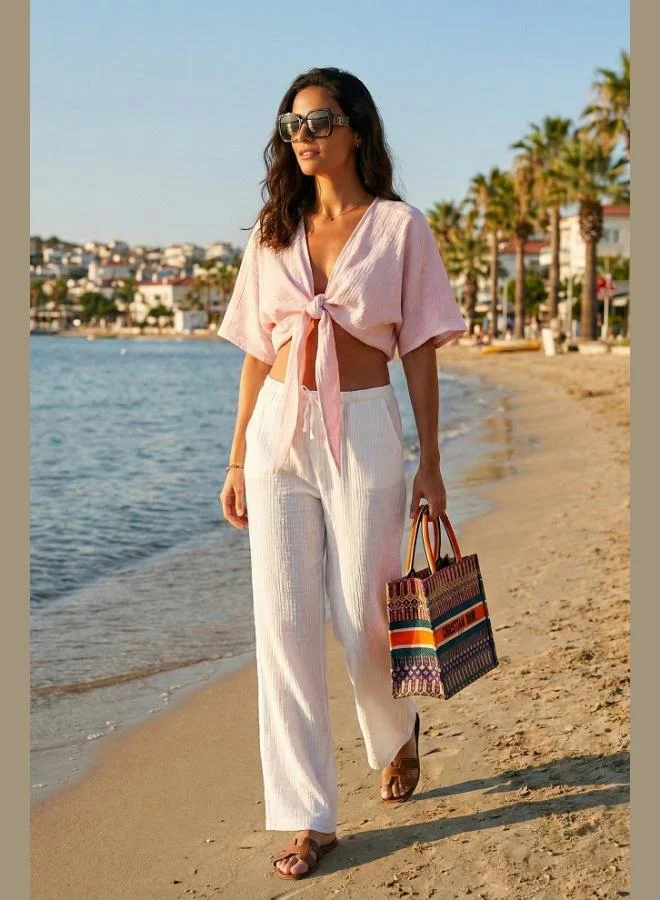 ليلا Lela Cotton Relaxed Fit Wide Leg Muslin Trousers Women's Pants 668YP5502