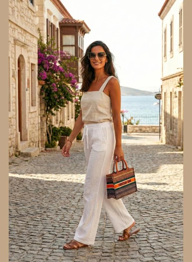 ليلا Lela Cotton Relaxed Fit Wide Leg Muslin Trousers Women's Pants 668YP5502