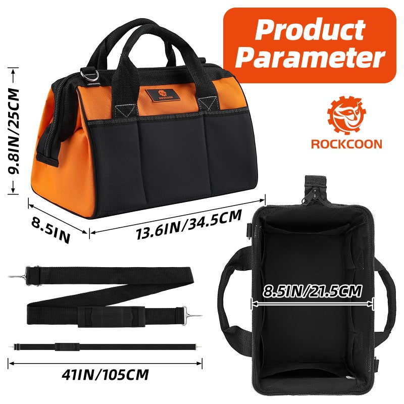 ROCKCOON Tool Bag 14'', Thick Outer Pocket Tool Organizer Waterproof, Heavy Duty Tote with Shoulder Strap for Tool Storage, Black & Orange - Image 2