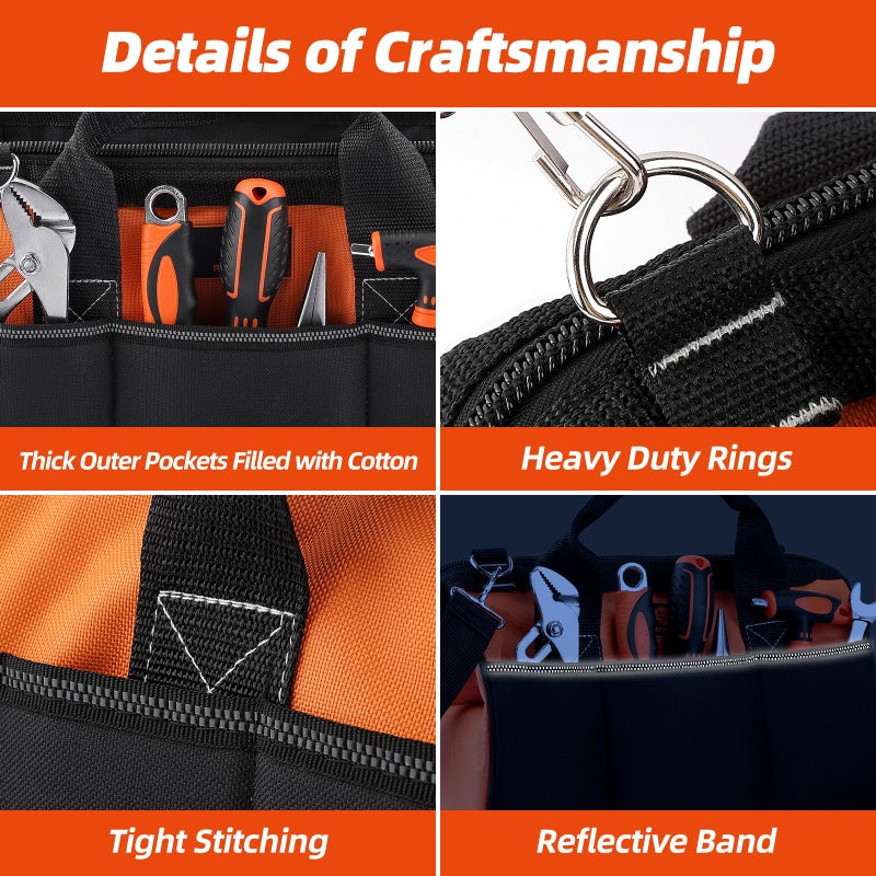 ROCKCOON Tool Bag 14'', Thick Outer Pocket Tool Organizer Waterproof, Heavy Duty Tote with Shoulder Strap for Tool Storage, Black & Orange - Image 3