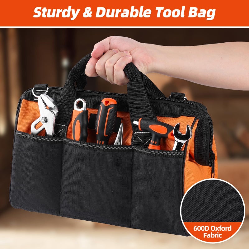 ROCKCOON Tool Bag 14'', Thick Outer Pocket Tool Organizer Waterproof, Heavy Duty Tote with Shoulder Strap for Tool Storage, Black & Orange - Image 5