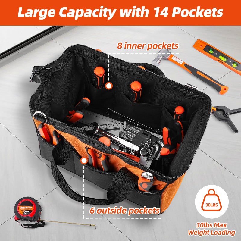 ROCKCOON Tool Bag 14'', Thick Outer Pocket Tool Organizer Waterproof, Heavy Duty Tote with Shoulder Strap for Tool Storage, Black & Orange - Image 4