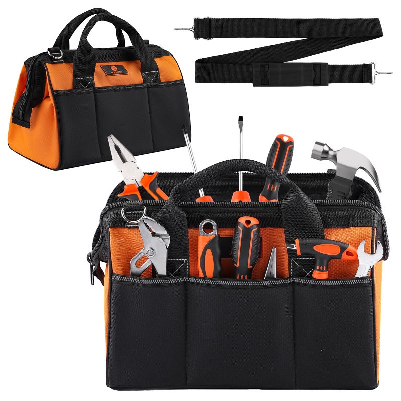 ROCKCOON Tool Bag 14'', Thick Outer Pocket Tool Organizer Waterproof, Heavy Duty Tote with Shoulder Strap for Tool Storage, Black & Orange - Image 1