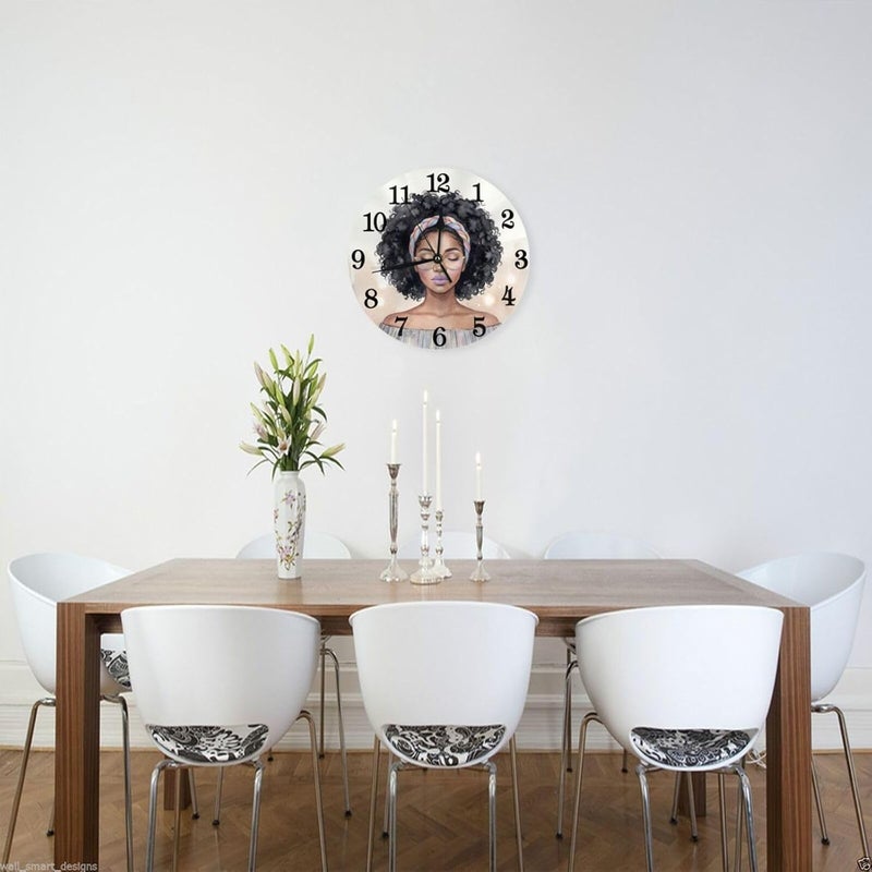 Abucaky African Black Woman Wall Clock Battery Operated Silent Round Clock Afro Girl Wall Decor for Home Office School, 12 Inch - Image 3