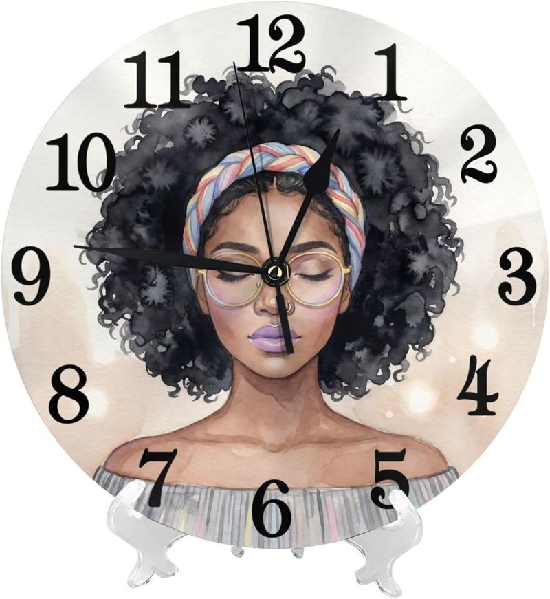 Abucaky African Black Woman Wall Clock Battery Operated Silent Round Clock Afro Girl Wall Decor for Home Office School, 12 Inch - Image 2